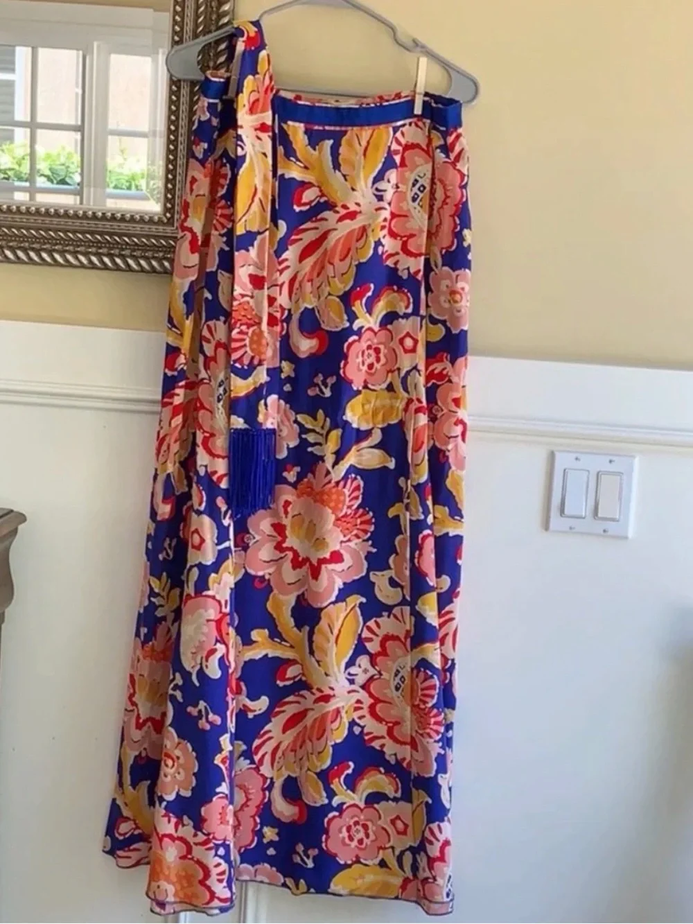 Tory Burch Marcella Silk Floral Maxi Skirt Blue Pink with Fringe Sash - Vibrant